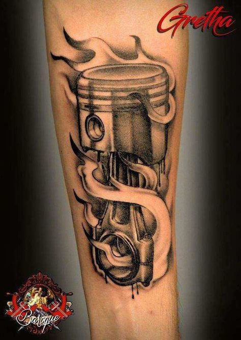 Diesel Injector Tattoo, Tattoo Ideas For Mechanics, Mechanics Tattoo Ideas, Car Mechanic Tattoo Ideas, Car Piston Tattoo, Diesel Tattoo Ideas, Piston Tattoo Ideas, Racing Tattoos For Men, Diesel Mechanic Tattoo