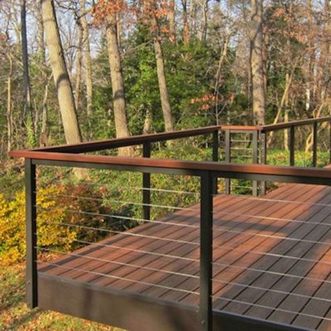 Exterior Deck Railing Ideas, Back Deck With Cable Railing, Contemporary Railings Exterior, Deck With Wire Cable, Deck Cable Railing Ideas, Modern Railing Outdoor, Railing Design Outdoor, Exterior Railing Ideas, Modern Deck Railing Design