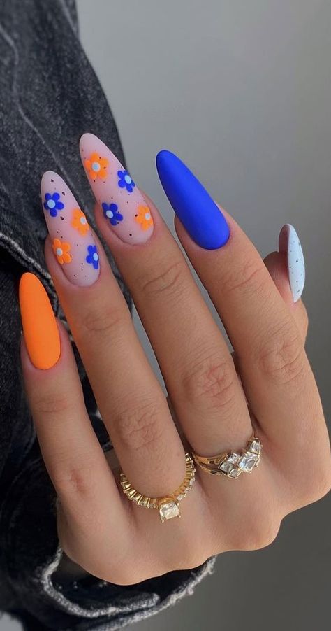 summer nails, electric blue nails, neon nails, neon nail designs, summer nails colors, bright nails, vibrant nails Summer Nails Electric, Blue Orange Nails, Neon Blue Nails, Bright Blue Nails, Almond Nails Designs Summer, Orange Nail Designs, Light Blue Nails, Electric Energy, Light Nails