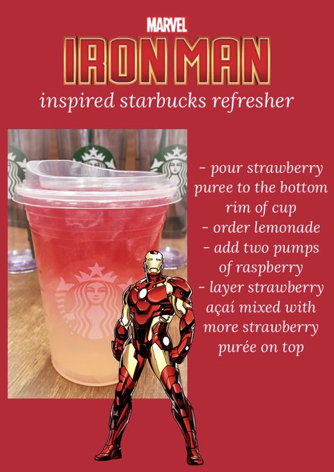 marvel’s iron man inspired starbucks refresher, starbucks secret menu Supernatural Starbucks Drink, Marvel Inspired Starbucks Drinks, Starbucks Secret Menu Recipes Refreshers, Spiderman Starbucks Drink, Marvel Inspired Food, Character Inspired Starbucks Drinks, Disney Starbucks Secret Menu Drinks, Marvel Starbucks Drinks, Anime Inspired Starbucks Drinks