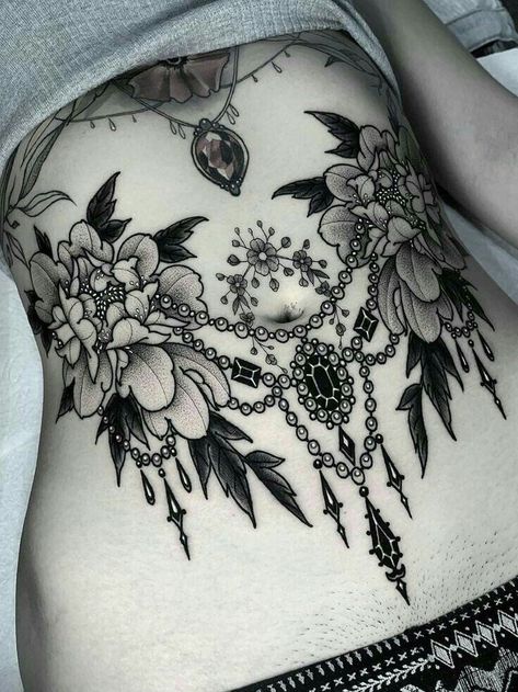 Floral Collar Bone Tattoos For Women, Full Back Piece Tattoos For Women Floral, Women Abdomen Tattoo, Victorian Tattoo Sleeve, Large Stomach Tattoos, Belly Tattoos For Women Stomach, Woman Stomach Tattoo, Cool Stomach Tattoos, Womens Stomach Tattoo Ideas