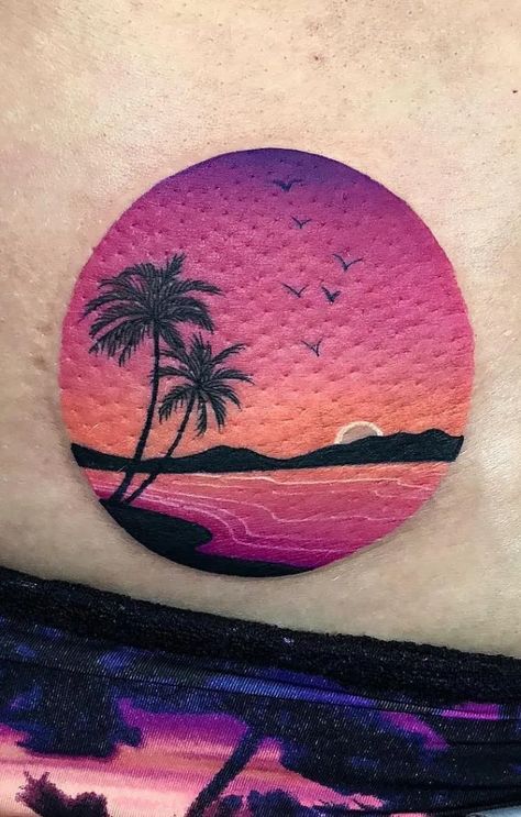 340+ Beach Tattoo Designs (2023) - TattoosBoyGirl Beach Landscape Tattoo, Nature Landscape Tattoo, Sunset Tattoo Color, Tropisches Tattoo, Tropical Tattoo, Island Tattoo, Tattoo Tree, Tattoo Beautiful, Sunset Tattoos