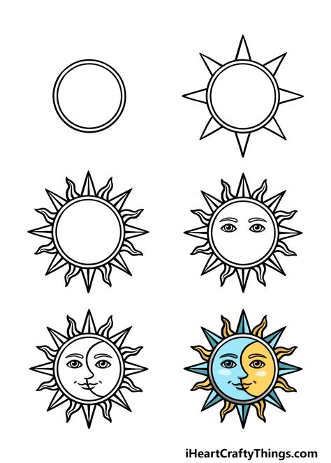 Sun Drawing Step By Step, Sun Moon Doodle, Sun Moon Drawing Simple, Sun Drawing Tutorial, Sun And Moon Ceramics Pottery, Sun And Moon Sketch Simple, Sun And Moon Painting Aesthetic, How To Draw A Sun Step By Step, How To Draw The Sun