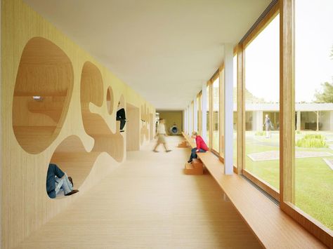 Knokke-Heist School Building by NL Architects                                                                                                                                                                                 More School Building Design, Bibliotheque Design, School Hallways, Kindergarten Design, School Interior, School Campus, التصميم الخارجي للمنزل, Nursery School, School Building