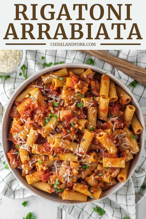 Spicy Bolognese Pasta, Pasta And Red Sauce Recipes, Delicious Pasta Dishes, Arribita Sauce Recipe, Easy Rigatoni Recipes, Rigatoni Arrabiata, Guanciale Recipes, Fancy Pasta Dishes, Tuscan Rigatoni