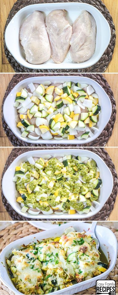 Baked Chicken and Zucchini - Easy Dinner Recipe Chicken Pesto Zucchini, Pesto Chicken And Zucchini, Baked Chicken And Squash Recipes, Chicken Pesto Recipes Baked, Keto Chicken Zucchini Recipes, Zucchini And Pesto Recipes, Dinner With Zucchini And Squash, Courgette And Chicken Recipe, Summer Squash And Chicken Recipes