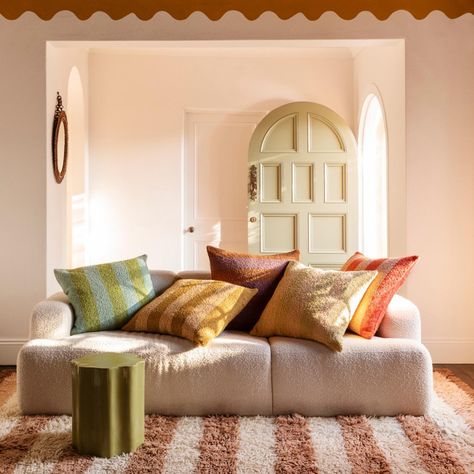 Narrow Staircase, Bonnie And Neil, Green Cushions, Bolster Cushions, Striped Cushions, Sit Back And Relax, Striped Rug, Boho Home, Lounge Room