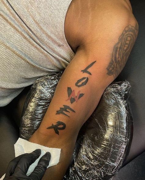 Spiritual Strength Tattoo, Small Upper Arm Tattoos For Guys, 1 Of 1 Tattoo Red Ink Men, Loner Lover Tattoo, Arm Tattoos For Black Guys, Loner Tattoos Men, Loner Tatoos, Creative Tattoo Ideas For Men Unique, Black And White Tattoos For Men