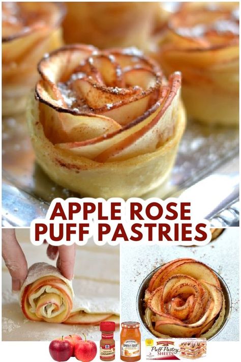 The Foodie Bunch | Recipes | RECIPE: https://www.tosimplyinspire.com/apple-rose-puffed-pastries.html | Facebook Apple Rose Pastry, Puff Pastry Recipes Dessert, Pastries Recipes Dessert, Apple Pastry, Apple Puff Pastry, Apple Rose, Puff Pastries, Sliced Apples, Puff Pastry Desserts