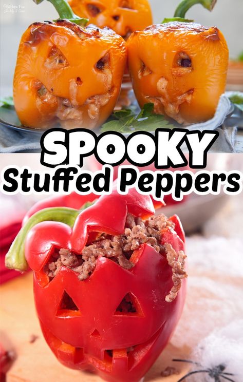 Halloween Stuffed Peppers are a fun and easy Halloween food idea! Made from carved and baked bell peppers filled with ground turkey and rice. Baked Bell Peppers, Stuffed Bell Peppers Turkey, Easy Halloween Dinner, Ground Turkey And Rice, Halloween Stuffed Peppers, Stuffed Bell Peppers Ground Beef, Turkey And Rice, Ground Turkey Stuffed Peppers, Stuffed Peppers With Rice