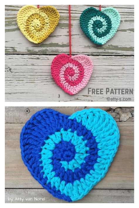 Swirly Heart Free Crochet Pattern Crocheted Keychains, Free Heart Crochet Pattern, Heart Crochet Pattern, Crocheted Hearts, Vintage Crochet Dresses, Crochet Christmas Ornaments Free, Spiral Crochet, Heart Crochet, Crochet Heart Pattern