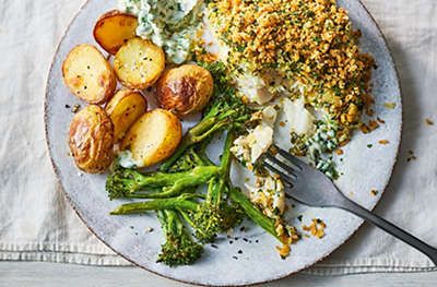 Hake With Wild Garlic Mayo Recipe | Waitrose & Partners Garlic Mayo Recipe, Garlic Mayonnaise, Tenderstem Broccoli, Mayo Recipe, Garlic Mayo, Shellfish Recipes, Potato Bread, Wild Garlic, New Potato