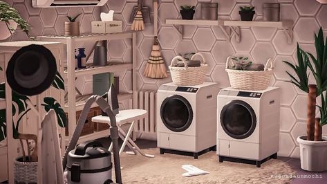 Laundry Room • ACNH Acnh Gaming Room, Acnh Cottagecore, Animal Crossing Guide, Acnh Inspo, Laundry Area, Cottagecore Style, Island Decor, New Animal Crossing, Animal Crossing Game