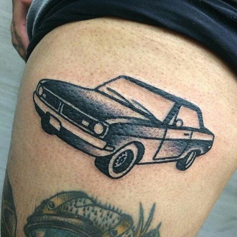 Car American Traditional Tattoo, Car Traditional Tattoo, Car Tattoo Ideas, Mustang Tattoo, Bird Tattoos Arm, Truck Tattoo, C Tattoo, Theme Tattoo, Back Of Shoulder Tattoo