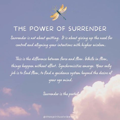 "Discover the transformative power of surrender. It’s not about giving up; it’s about releasing the need for control and trusting in a higher wisdom that guides us. Surrender opens the door to flow, where effort gives way to synchronicity and alignment with the universe’s natural rhythm. 🌿✨ Embrace surrender as your portal to peace and clarity, allowing your journey to unfold with grace and ease. Want to dive deeper? Book a clarity call. ✨ #PowerOfSurrender #TrustTheProcess #FlowWithLife #... Surrender To Universe, Release Quotes, I Surrender All, Deep Books, Spirit Signs, Universe Quotes, Trust The Process, Spiritual Life, Feminine Energy