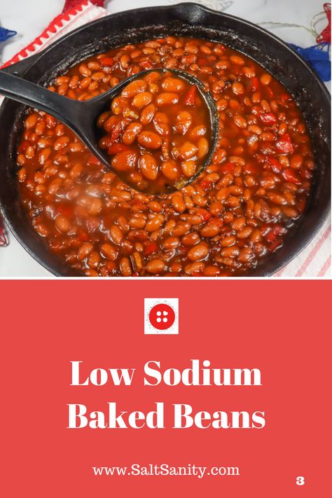 Low Sodium Baked Beans are the side dish every BBQ needs! They're simple to prepare, full of flavor, and clock in at only 48 mg sodium per serving! Low Sodium Stuffed Peppers Recipe, Low Sodium Baked Beans, Low Sodium Bbq Sauce Recipe, Low Sodium Side Dishes, Low Sodium Bbq Sauce, Healthy Baked Beans, Easy Low Sodium Recipes, Low Sodium Recipes Heart, Dry Beans Recipe