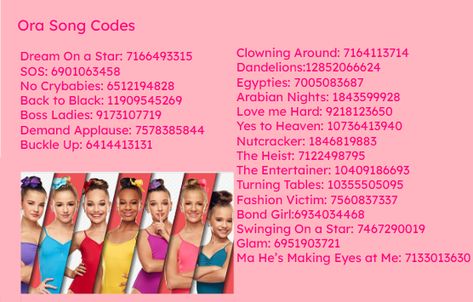 Dance moms song codes Dance Moms Outfits Codes, Aldc Ora Song Codes, Dance Moms Codes, Aldc Outfit Codes, Ora Dance Moms Song Codes, Roblox Dance Moms, Ora Dance Moms, Roblox Aldc, Ora Aldc