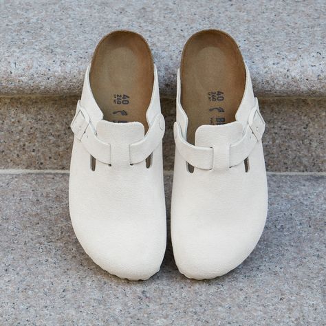 Birkenstock Boston Antique White, Boston Birkenstock, Birkenstock Boston Suede, Elemental Blue, Birkenstock White, Buy Sneakers, Mens Clogs, Fred Segal, Boston Clog