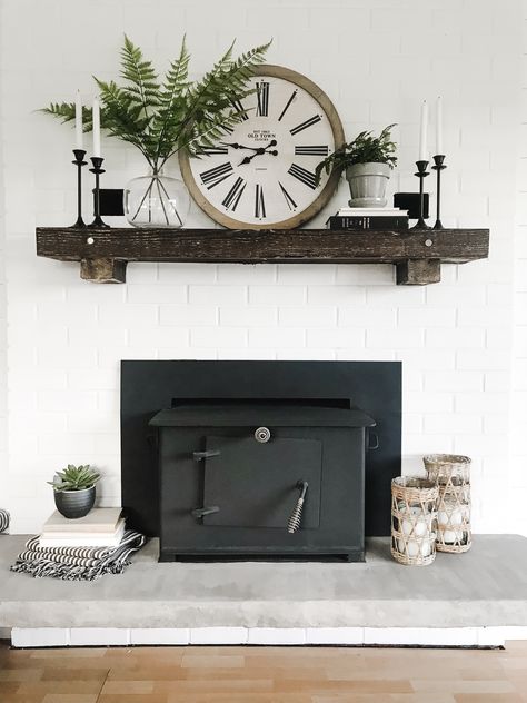 Decorate Large Fireplace Mantle, Fireplace Makeover Modern Farmhouse, Over Chimney Decor, Blocked Fireplace Decor, Masculine Mantle Decor, Industrial Farmhouse Mantle Decor, Stone Fireplace Decor With Tv, Living Room Mantle Decor Modern, Clock Above Fireplace Mantels