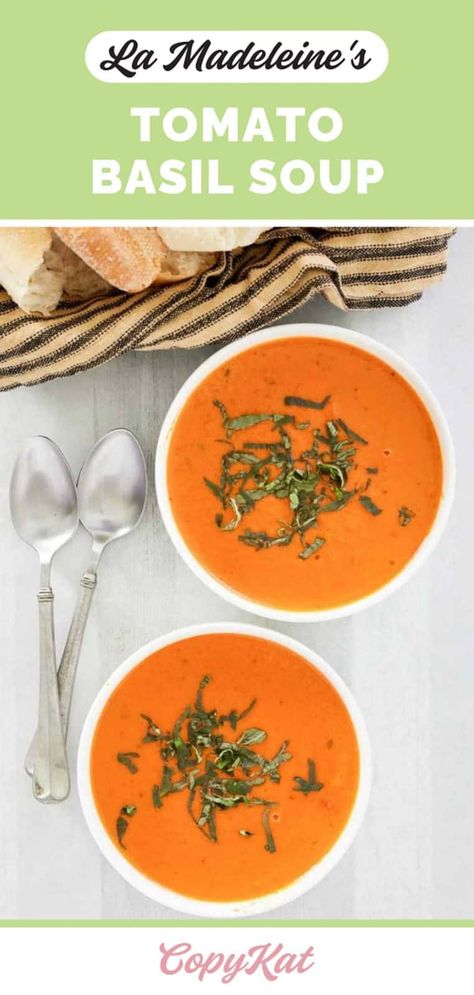 La Madeleine Tomato Basil Soup, Homemade Tomato Basil Soup, Tomato Basil Bisque, Tomato Bisque Soup, Tomato Basil Soup Recipe, Creamy Tomato Basil Soup, Cream Of Tomato, Bisque Soup, Hearty Lunch