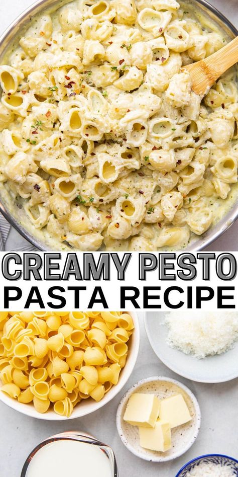 Top photo: Creamy Pasta with a wooden spoon in a skillet. Bottom Photo: Separate ingredients to make creamy pesto pasta. Pesto Dinner, Creamy Pesto Pasta Recipe, Reheat Pasta, Pesto Pasta Recipe, Creamy Pesto Pasta, Pesto Cheese, Pasta Pesto, Pesto Pasta Recipes, Cream Pasta