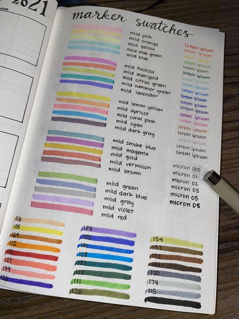 Marker Swatch Ideas, Bujo Color Palette, Pen Test Page, Marker Swatches, Bullet Journal Markers, Journal Banner, Pen Test, Color Scheme Ideas, Life Planner Organization