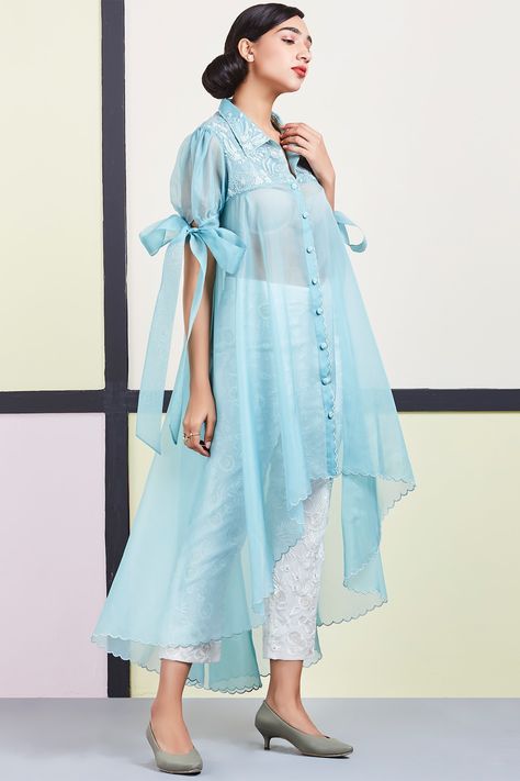 Organza Tunic, Stylish Tunic, Blue Organza, Frock Fashion, Simple Kurta Designs, Designer Kurti Patterns, Tunic Designs, Long Kurti Designs, Pakistani Dresses Casual