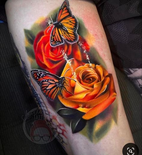 Yellow Butterfly Tattoo, Pictures Of Roses, Rose And Butterfly Tattoo, Monarch Butterfly Tattoo, Yellow Rose Tattoos, Butterfly Tattoo Ideas, Colour Tattoo For Women, Butterfly Wrist Tattoo, Pink Rose Tattoos