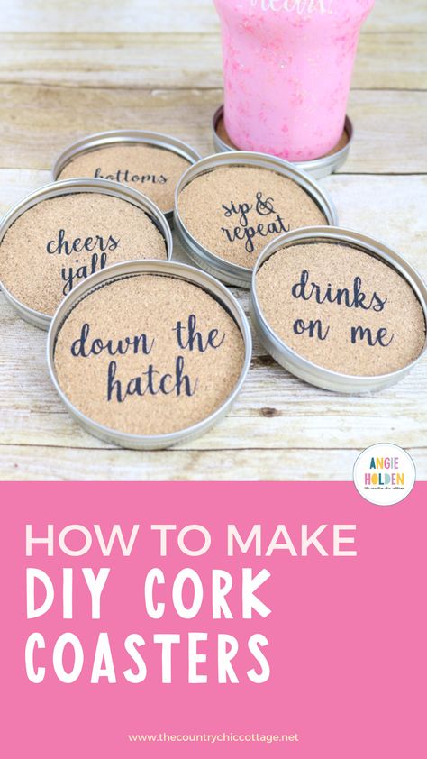 Make these mason jar lid coasters for your farmhouse style home! It is easy when you use heat transfer vinyl and your Cricut machine to add sayings to cork! #cricut #cricutcreated #masonjar #jarlids #coasters #farmhouse #farmhousestyle #rustic Cork Coaster Ideas, Mason Jar Lid Coasters, Coasters Ideas, Lid Crafts, Homemade Coasters, Diy Cork, Mason Jar Lid, Coaster Art, Canning Lids