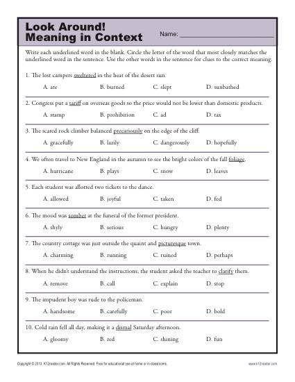 Middle School Context Clues Worksheet Lesson Activity - Look Around! Grammar Worksheets High School, Middle School Worksheets, Context Clues Lesson, Context Clues Activities, Context Clues Worksheets, Speech Ideas, Middle School Language Arts, Aba Therapy, Middle School Reading