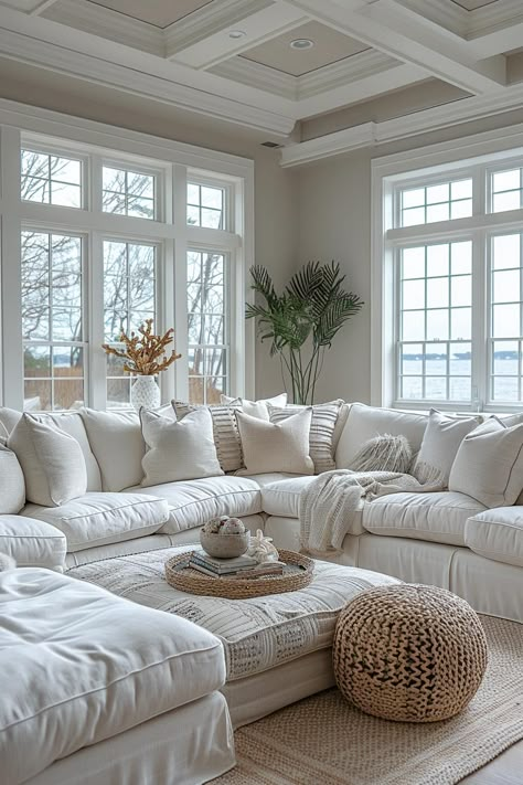 Beach Aesthetic Living Room Decor, Comfy Living Room Ideas Farmhouse, White Living Room Couch, Sophisticated Living Room Ideas, Coastal Artwork Living Room, Coastal Neutral Living Room, Coastal Living Room Decor Ideas, Comfy White Couch, Cozy Sectional Couch