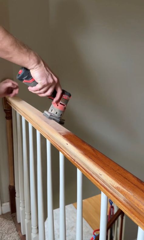 Redo Handrail Stair Railing, 1990s Staircase Remodel, How To Repaint Stair Railing, Updated Stair Railing Wood, Painted Wainscoting With Stained Trim, Refinishing Stair Railing Banisters, Round Table By Staircase, Staining Banisters Railings, How To Refinish Stair Banister