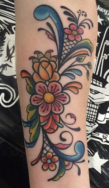 Norwegian rosemaling cherry blossom tattoo - I think I may have found my next tattoo! Traditional Tattoo Art Elbow, Swedish Tattoo Ideas For Women, Rosemailing Flowers Tattoo, Norwegian Flower Tattoo, Norwegian Tattoo Ideas, Norwegian Tattoo Women, Scandinavian Tattoo For Women, Rosemaling Tattoo, Norwegian Tattoo