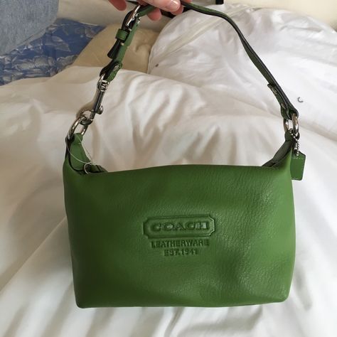 Beautiful Green Soft Pebble Leather. Dark Navy Blue Lining With Pocket. Adjustable Strap. One Zipper. Small Size. Approx 8-9" Wide And 5-6" Tall. Cute Everyday Purse, Everyday Green Shoulder Bag, Green Everyday Shoulder Bag, Dark Green Purse, Coach Green Bag, Mini Bag Keychain, Vintage Coach Purse, Green Coach Purse, Everyday Purse