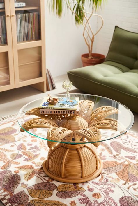 Flower Rattan Coffee Table | Urban Outfitters Tropical Theme Home Decor, Flower Coffee Table, Coffee Table Urban Outfitters, Urban Outfitters Furniture, Boho Coffee Table, Bohemian Coffee Table, Tropical Chic Decor, Boho Dining Room, Aesthetic 2024