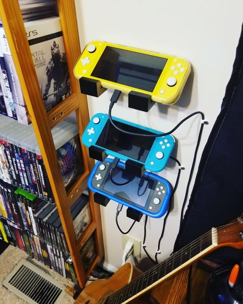 I'm not sure how all my children ended up with their own personal Switch Lite...🤔, but since they do, I decided to create a little charging station for them since you can't exactly dock a switch lite. I did this with a cheap floating shelf I got from Walmart a while back and some wire retaining clips from Lowes that are $2 for a box of clips. I cut the floating shelf into 6 pieces with my table saw and screwed them into the wall. The kids like it!😎 Nintendo Switch Charging Station, Switch Charging Station, Kids Charging Station Ideas, Cheap Floating Shelves, Electronic Charging Station, Rules For Kids, Kids' Desk, Charging Station, Arcade Games