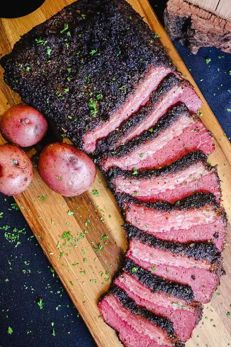 Smoked and Beer-Braised Corned Beef - Grill Outdoor Recipes - Grillseeker Grilled Corned Beef, Braised Corned Beef, Smoked Corned Beef Brisket, Smoked Corned Beef, Outdoor Recipes, Beef Brisket Recipes, Grill Outdoor, Corned Beef Brisket, Corned Beef Recipes