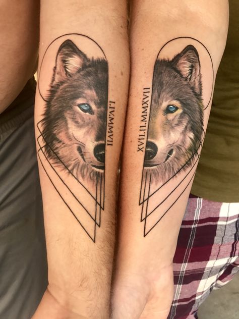 Our two halves make a whole #tattoo #couplestattoos #wolftattoo #geometric Matching Wolf Tattoos Couples, Wolf Tattoo Couple, Couple Wolf Tattoo, Wolf Couple Tattoo, Matching Wolf Tattoos, Couples Wolf Tattoos, Married Couple Tattoos, Pair Tattoos, Finger Tattoos For Couples