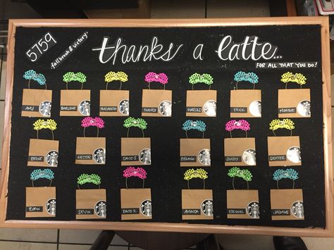 Partner Appreciation Board using mini bags and a small siren logo. Green Apron Board Starbucks, Manual Work Ideas, Green Apron Board, Partner Appreciation, Starbucks Partner, Starbucks Crafts, Coffee Chalkboard, Starbucks Art, Starbucks Store