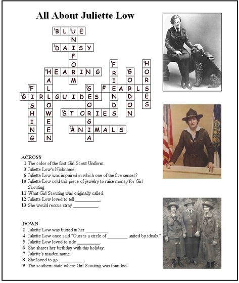 Answer Key for Juliette Low Crossword Puzzle Juliette Gordon Low Birthday Activities, Juliette Gordon Low, Girl Scout Uniform, Girl Scout Juniors, Founders Day, Girl Scout Ideas, Scout Ideas, Oct 31, Answer Keys