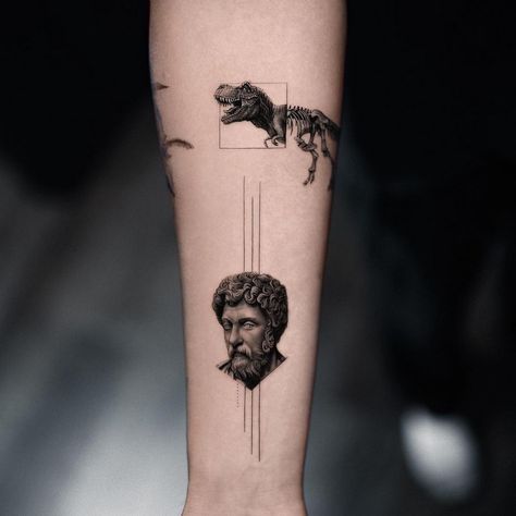 Would you get a Stoic tattoo? #Stoicism #MarcusAurelius #Philosophy #PhilosophyBooks #Epictetus #SenecaTheYounger #Stoic #DailyStoic #TheDailyStoic #StoicPhilosophy #WISStoicTattoos #Repost @tatu_panda Its a freakin T-Rex man you cant go wrong me myself Im a reptar kind of guy . (The bust is Marcus Aurelius) . . . Follow @tatu_panda . . . . #trex #dinosaur #marcusaurelius #microtattoo #microrealism #tattooinspiration #besttattoos #tatupanda Stoic Tattoo, Philosophy Tattoos, Hipster Tattoo, Trex Dinosaur, Octopus Tattoo Design, Gangsta Tattoos, Forearm Tattoo Design, Landscape Tattoo, Cool Small Tattoos