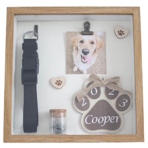 Dog Memorial Frame Ideas, Dog Shadow Box Ideas, Dog Collar Memorial Ideas, Dog Memory Ideas, Dog Memorial Ideas, Pet Memorial Diy, Pet Memorial Ideas Dogs, Dog Picture Frame, Dog Memory