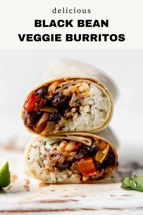 These Black Bean Veggie Burritos are loaded with cilantro lime rice and spicy chipotle black beans for a hearty and filling meal with 15 grams of protein and 9 grams of fibre. Prep these burritos in advance and store them in your freezer to have on hand whenever the burrito-mood strikes! This black bean veggie burrito recipe is gluten-free, vegan and vegetarian friendly. You'll love this easy-to-make burrito recipe! Veggie Black Bean Burritos, Beans And Rice Burrito, Vegetarian Burritos, Veggie Burritos, Black Bean Burrito, Vegetarian Burrito, Chipotle Black Beans, Bean Burritos, Burrito Recipe