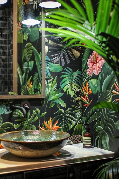 15 Stunning Bathroom Wallpaper Trends to Try Now 25 Toilets With Wallpaper, Boho Jungle Bathroom, Maximalist Downstairs Toilet, Bathroom No Windows, Bold Wallpaper Bathroom, Bathroom Jungle, Bathroom Wallpaper Trends, Mural Jungle, Jungle Bathroom