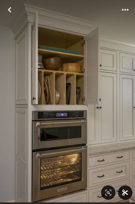 Custom Built Cabinets Kitchen, Bakeware Organization Storage Ideas, Pantry With Oven And Microwave, L Shaped Kitchen Corner Cabinet, Wall Of Kitchen Cabinets Full, Must Have Kitchen Cabinet Features, Nice Kitchen Ideas, Custom Kitchen Cabinets Ideas, Mess Kitchen