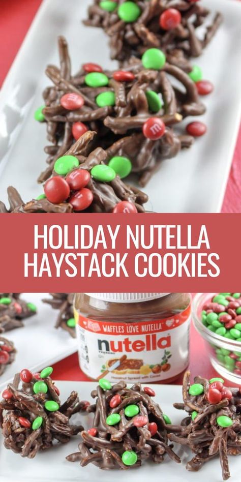 Holiday Nutella haystack cookies make the perfect sweet and slightly salty cookie this season. You don’t have to fuss with the oven in order to enjoy these festive no bake cookies. #cookies #holiday #christmas #recipe Haystack Cookies Christmas, Christmas Cookies No Bake, No Bake Christmas Cookies Recipes, Christmas Haystacks, Pretzel Cookies Christmas, Christmas Haystack Cookies, No Bake Christmas, Christmas No Bake Cookies, School Bake Sale