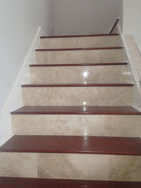 Tiles Staircase, Travertine Stairs, Wood Tile Flooring, Stairs Tiles Design, Granite Steps, Classic Tile Design, Island Interior, Tiled Staircase, Building Front Designs