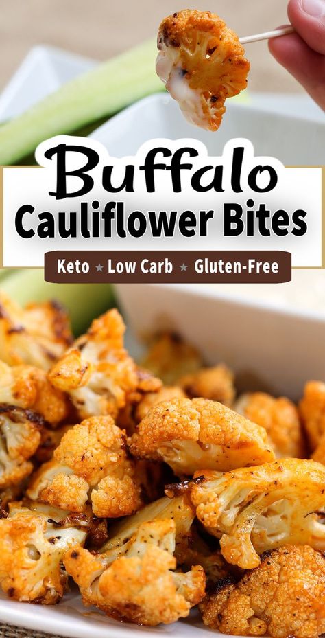 These Buffalo Cauliflower Bites are a spicy party appetizer that is a healthier low carb vegetarian version to chicken wings. Keto and Gluten-Free too! #appetizer #healthyrecipe Keto Cauliflower Buffalo Bites, Cauliflower Chicken Wings, Buffalo Cauliflower Recipe, Low Calorie Buffalo Chicken Recipes, Cauliflower Appetizer Recipes, Gluten Free Buffalo Cauliflower, Keto Buffalo Cauliflower, Chicken Wings Keto, Cauliflower Buffalo Bites