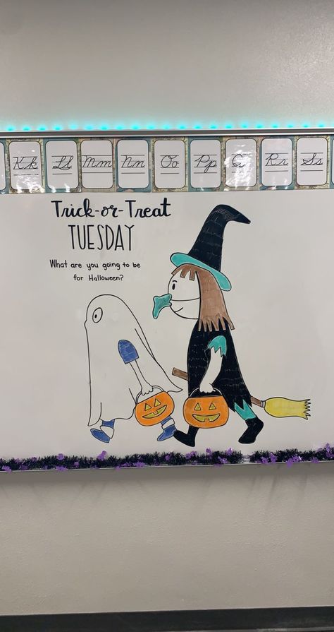 Trick or Treat Tuesday Tuesday Morning Message, Tuesday Whiteboard, Morning Work Ideas, Whiteboard Questions, Whiteboard Prompts, White Board Drawings, Daycare Lesson Plans, Whiteboard Messages, October School