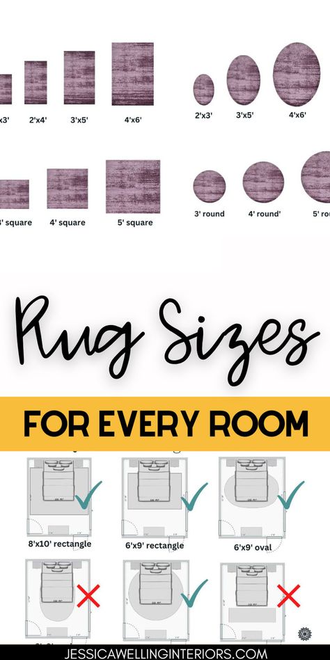 Choosing the right sized rug for your space can be daunting if you don’t know what you’re doing. But this simple guide will take all the guess work out of it. Full Size Bed Rug Guide, Dining Room Rug Size Guide, Rugs In Bathroom, Rugs Under Dining Table, Rug Layout, Rug Home Office, Dining Room Rug Size, Standard Rug Sizes, Rug Sizes